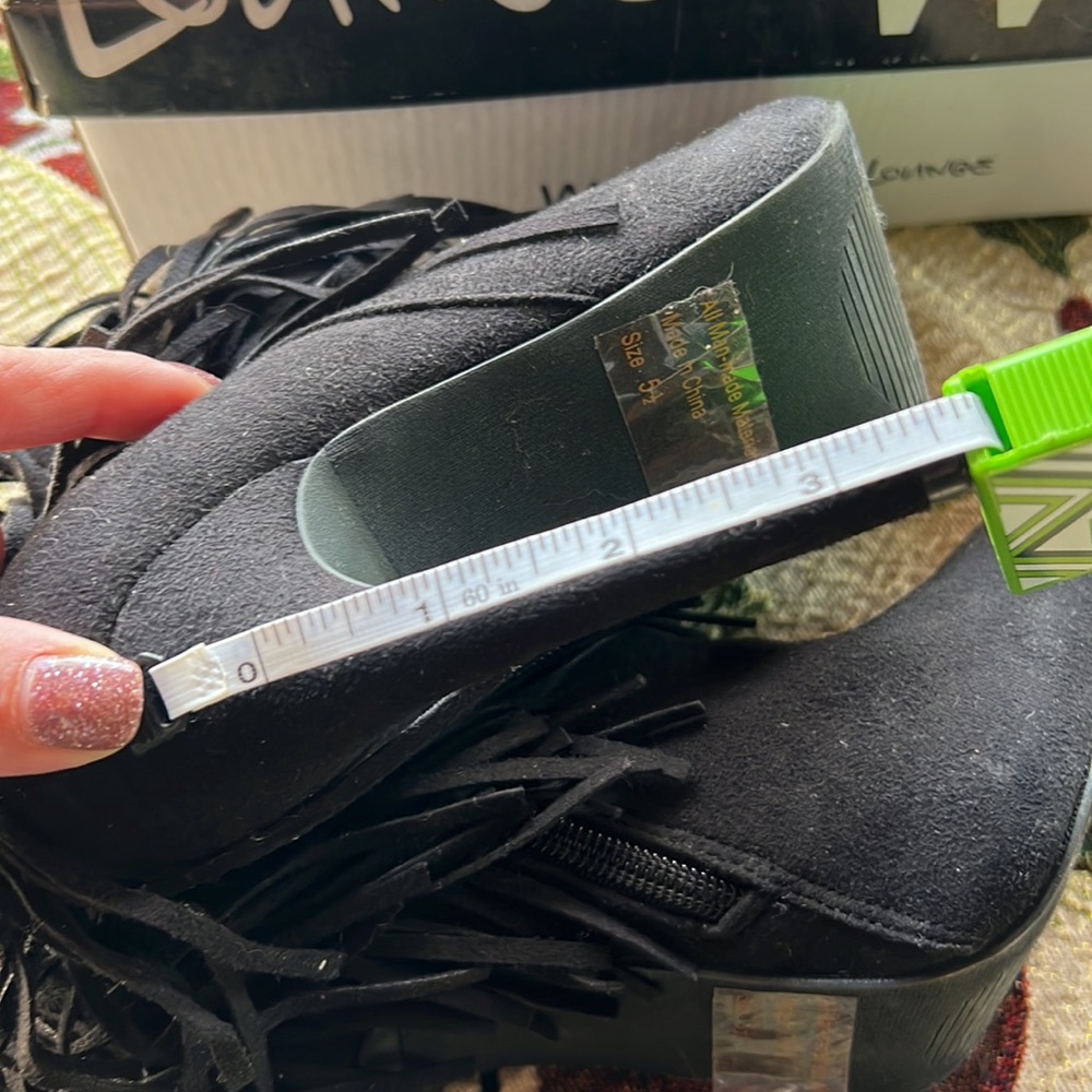 Black Suede Fringe Heeled Booties - Picture 9 of 10